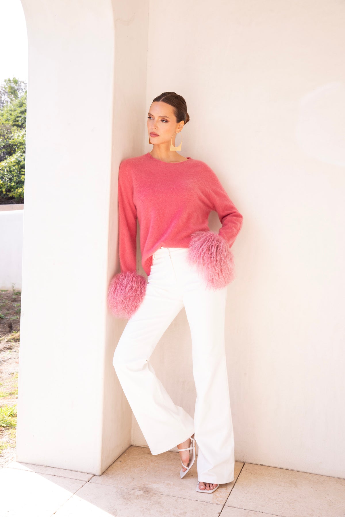 Sunrise Removable Wool Cuff Cashmere Sweater in Pink