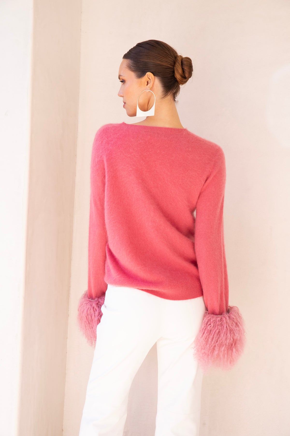 Sunrise Removable Wool Cuff Cashmere Sweater in Pink