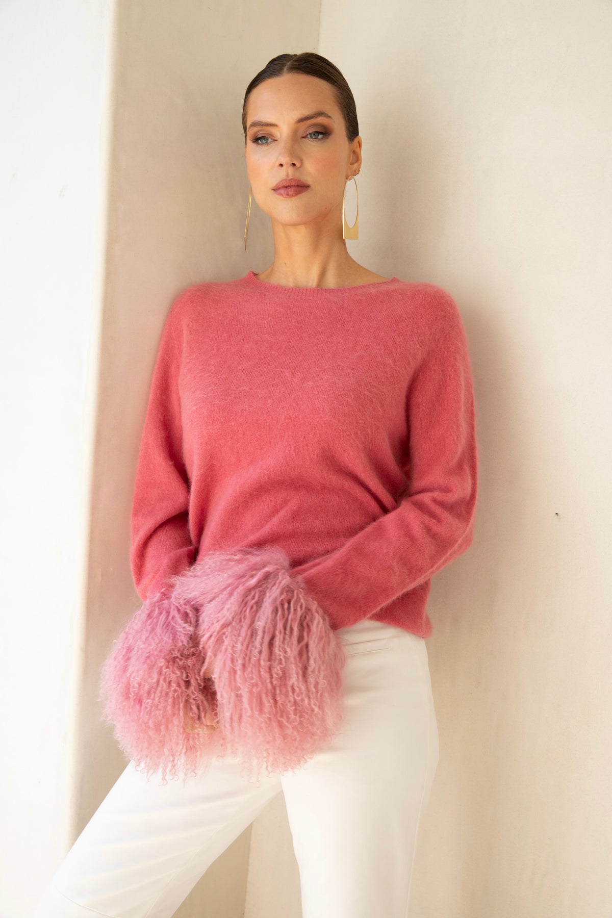 Sunrise Removable Wool Cuff Cashmere Sweater in Pink