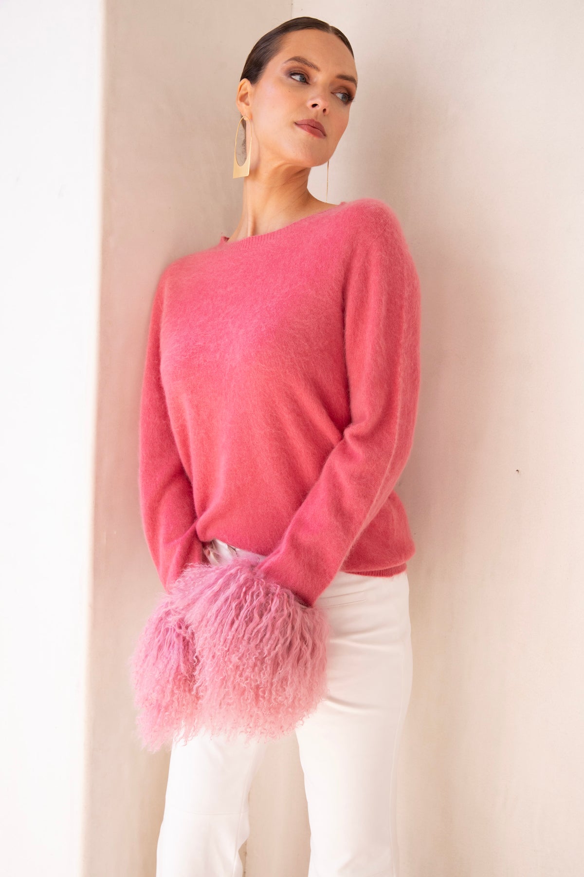 Sunrise Removable Wool Cuff Cashmere Sweater in Pink