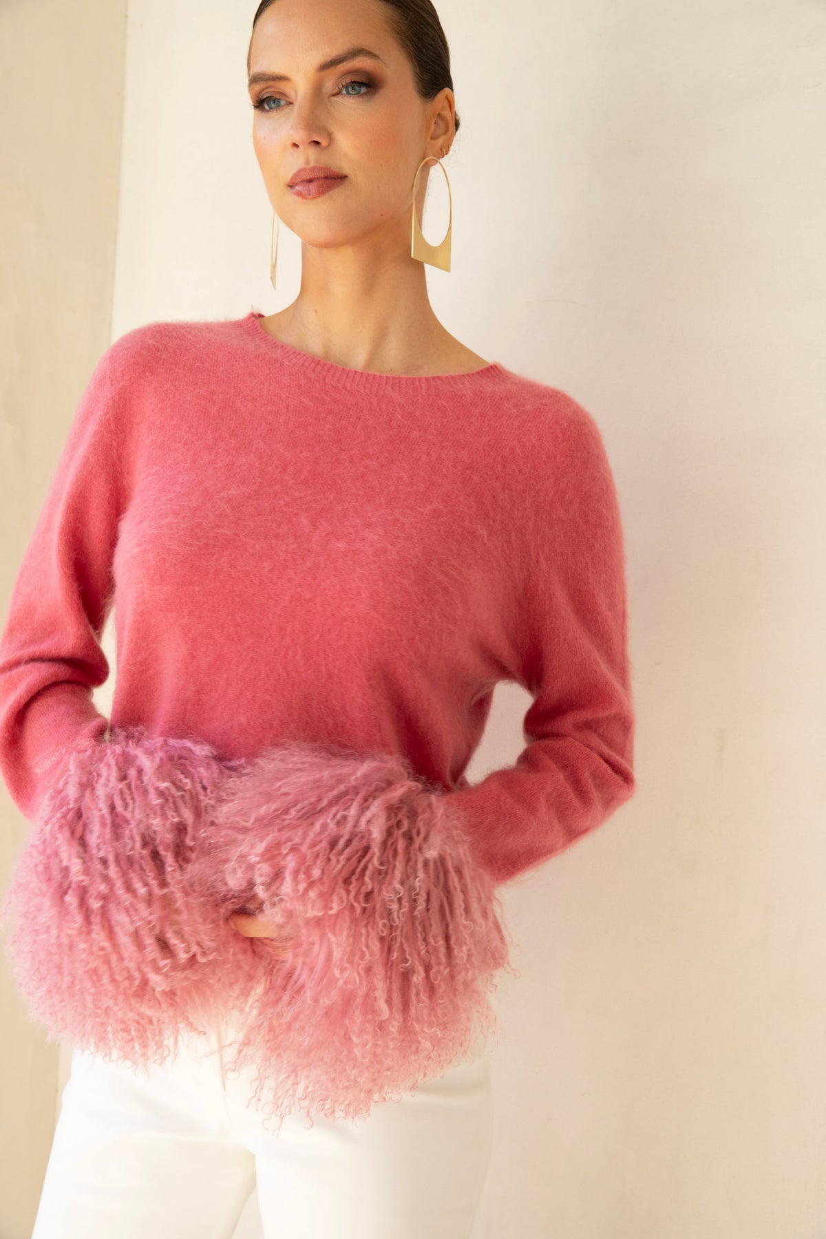 Sunrise Removable Wool Cuff Cashmere Sweater in Pink