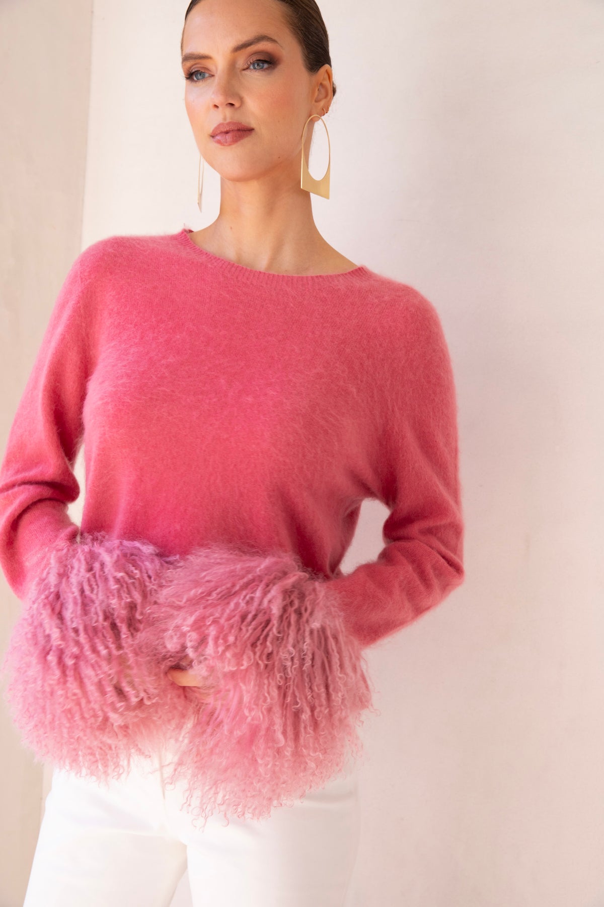 Sunrise Removable Wool Cuff Cashmere Sweater in Pink