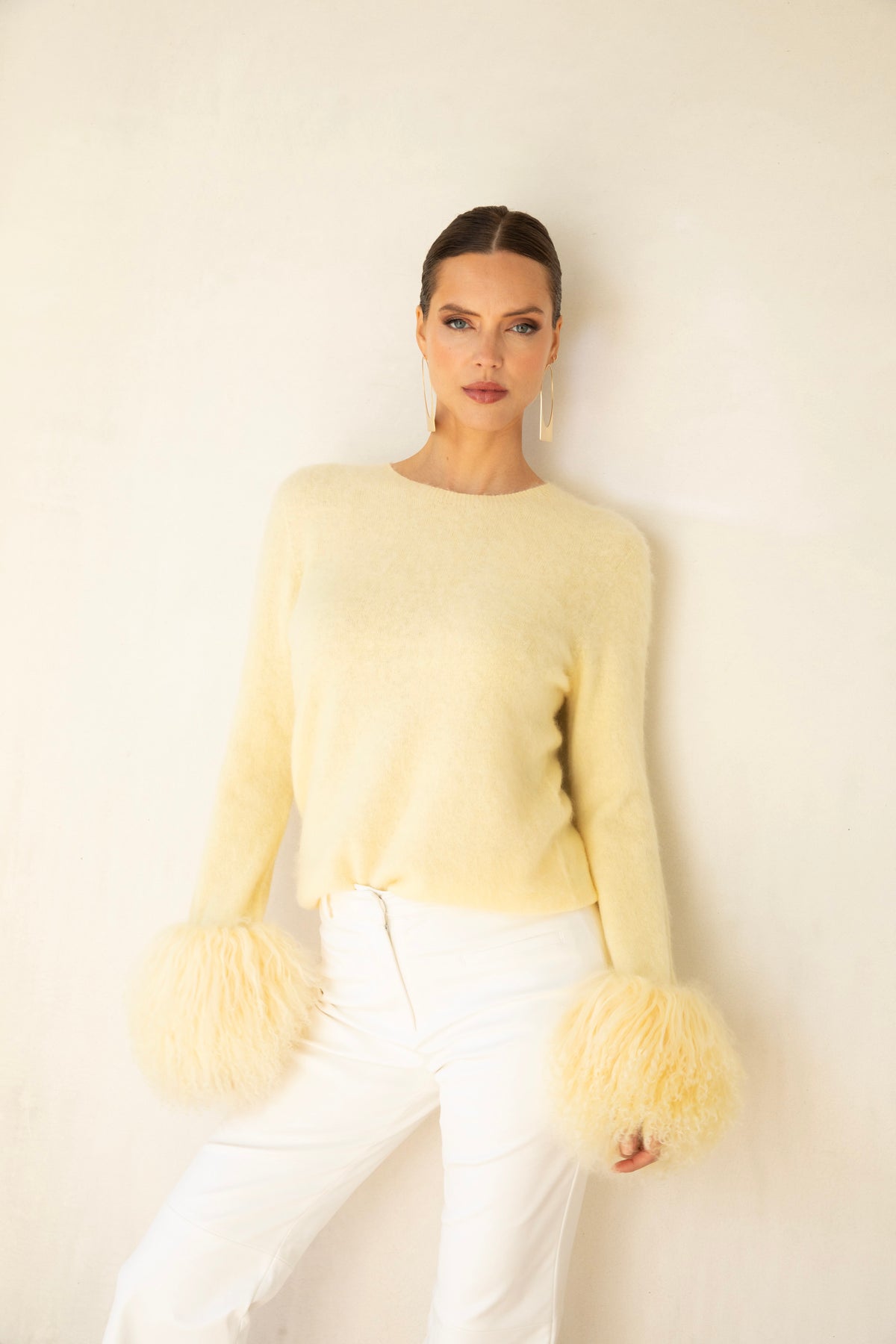Sunrise Removable Wool Cuff Cashmere Sweater in Pale Yellow