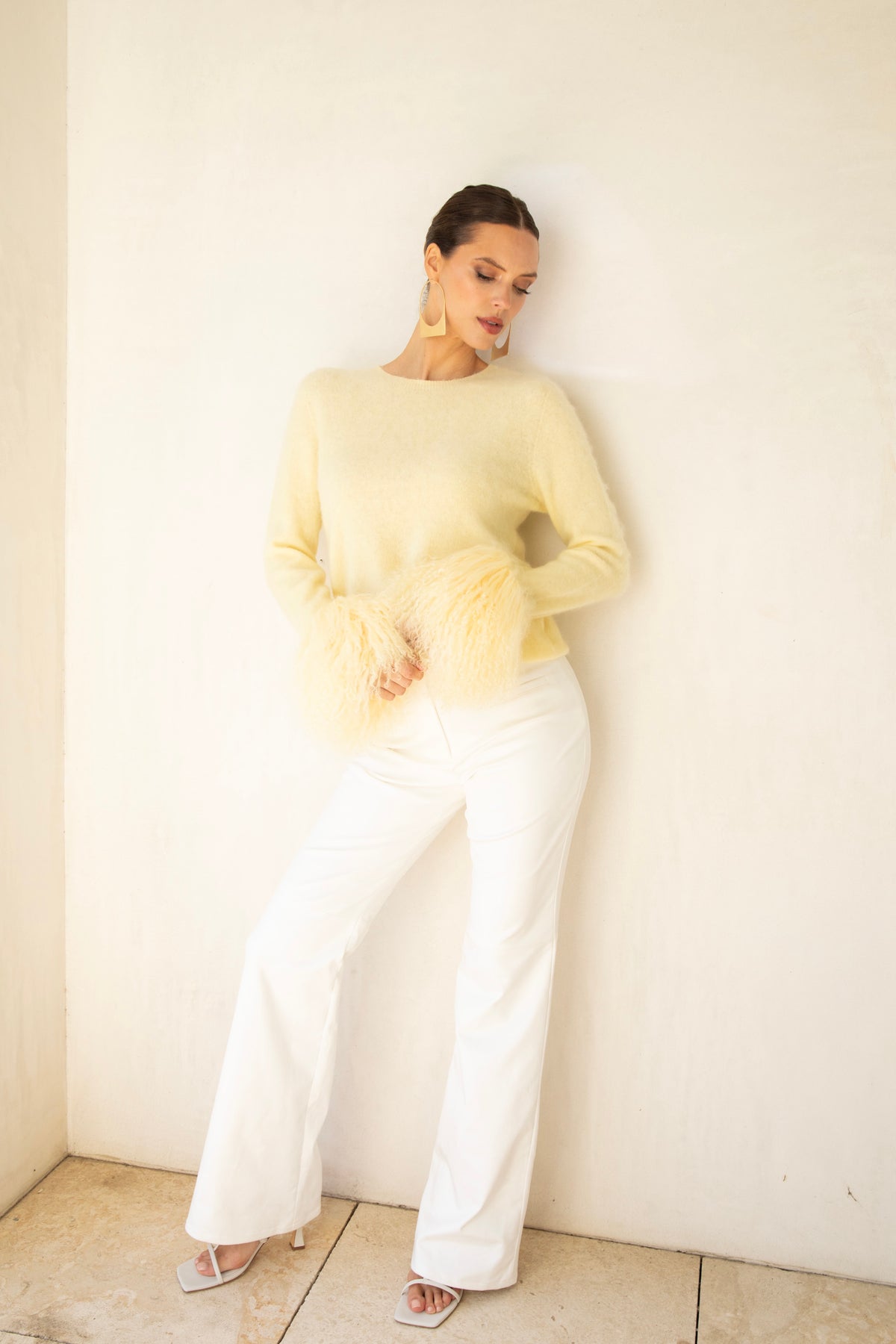 Sunrise Removable Wool Cuff Cashmere Sweater in Pale Yellow
