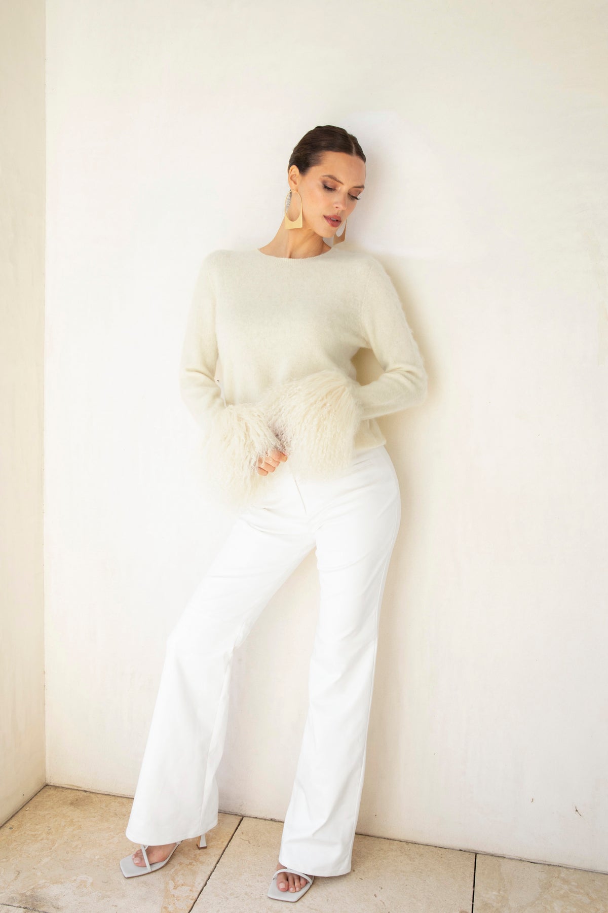 Sunrise Removable Wool Cuff Cashmere Sweater in Cream