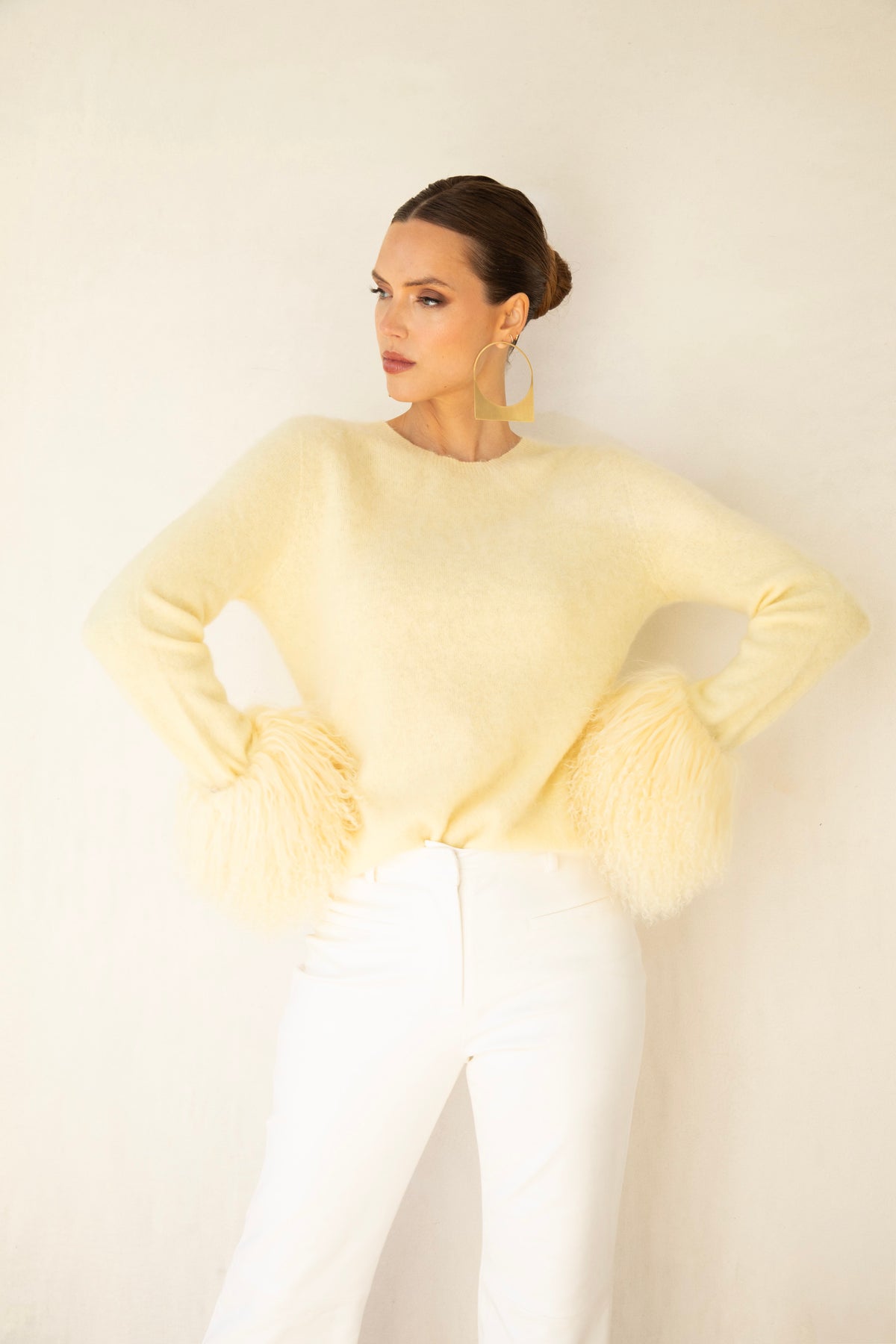 Sunrise Removable Wool Cuff Cashmere Sweater in Pale Yellow