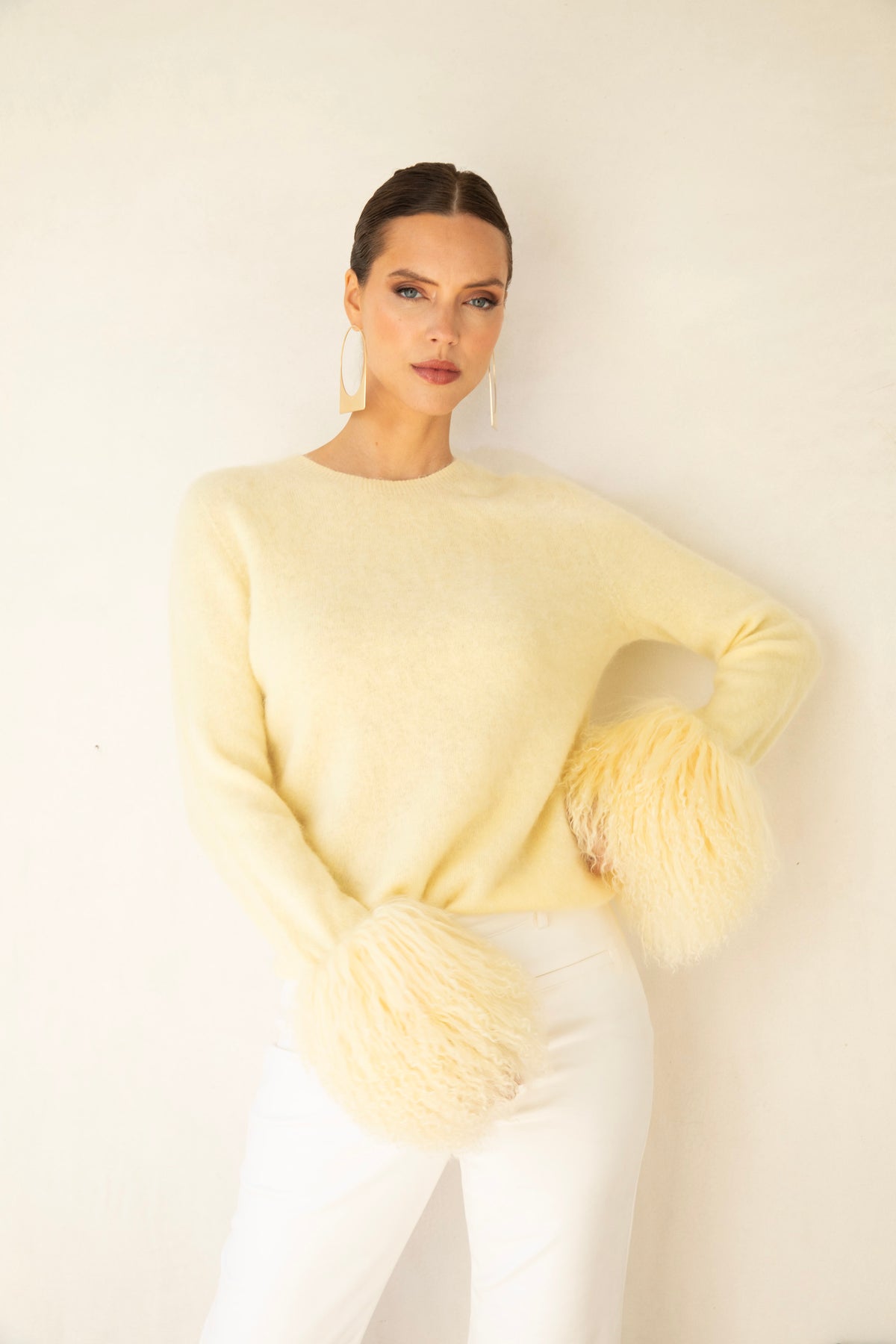 Sunrise Removable Wool Cuff Cashmere Sweater in Pale Yellow