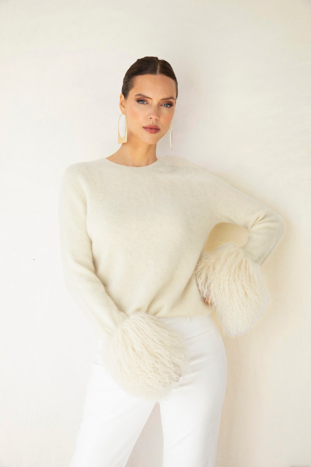 Sunrise Removable Wool Cuff Cashmere Sweater in Cream