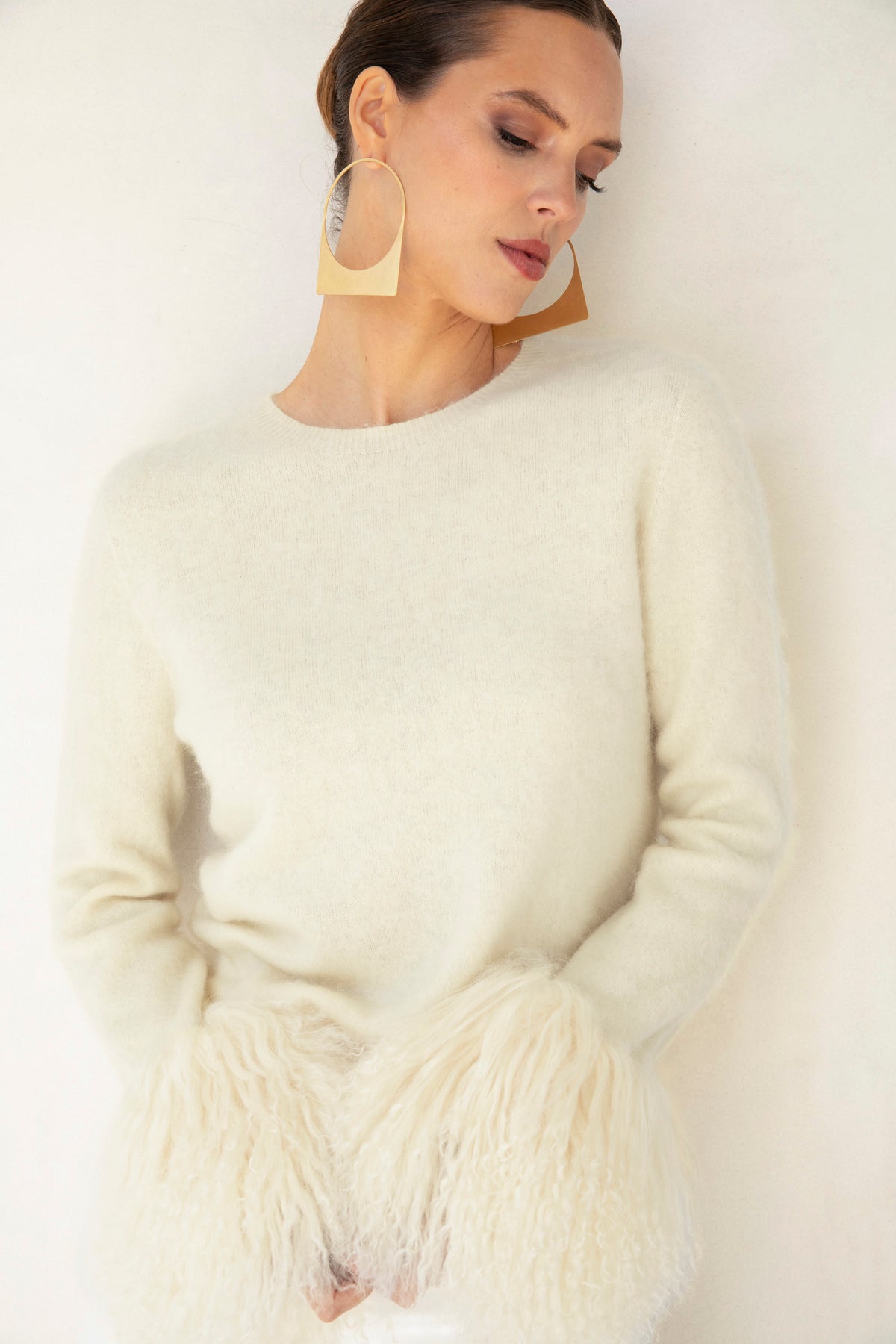 Sunrise Removable Wool Cuff Cashmere Sweater in Cream