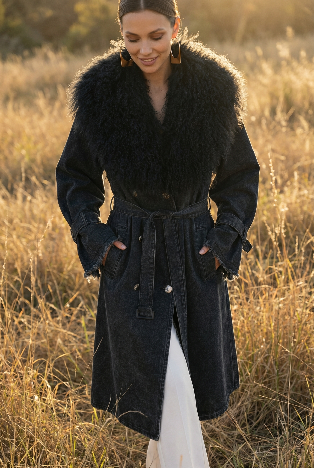 Apocalypse Denim and  Mongolian Wool Coat in Black