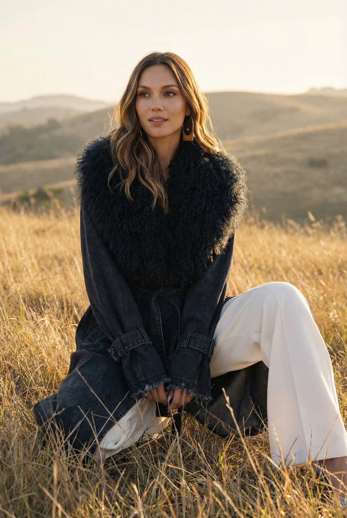 Apocalypse Denim and  Mongolian Wool Coat in Black