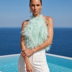 Big Dreams Ostrich Feather Halter Top in Seafoam Green