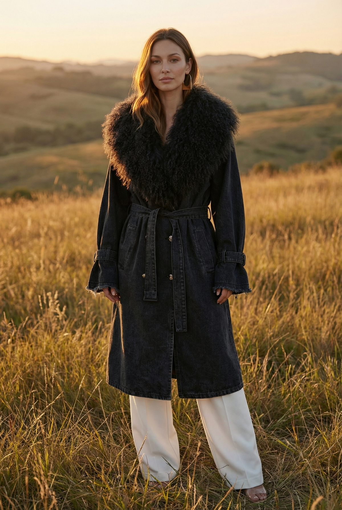 Apocalypse Denim and  Mongolian Wool Coat in Black