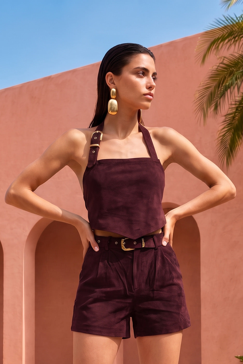 The Drift Suede Buckle Top in Wine