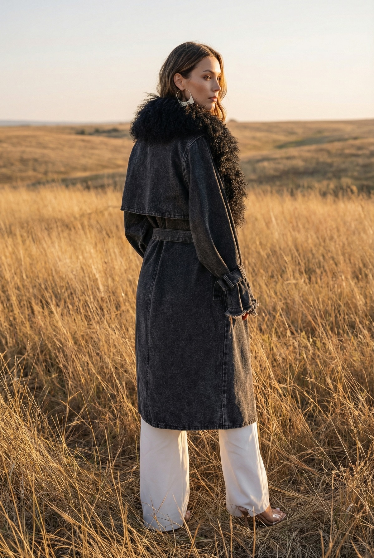 Apocalypse Denim and  Mongolian Wool Coat in Black