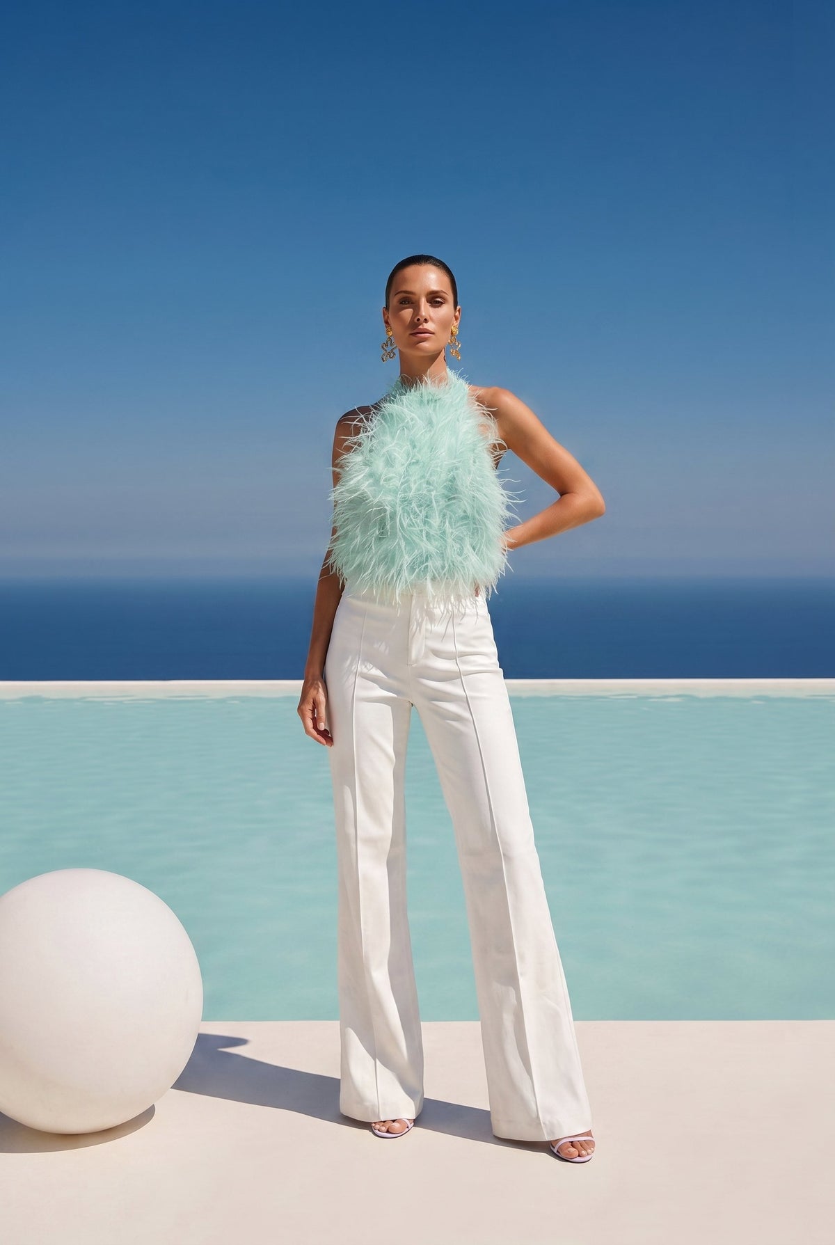 Big Dreams Ostrich Feather Halter Top in Seafoam Green