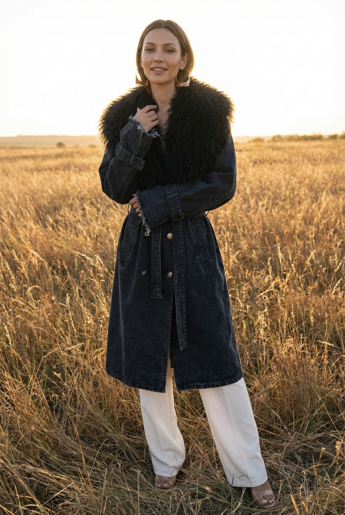 Apocalypse Denim and  Mongolian Wool Coat in Black