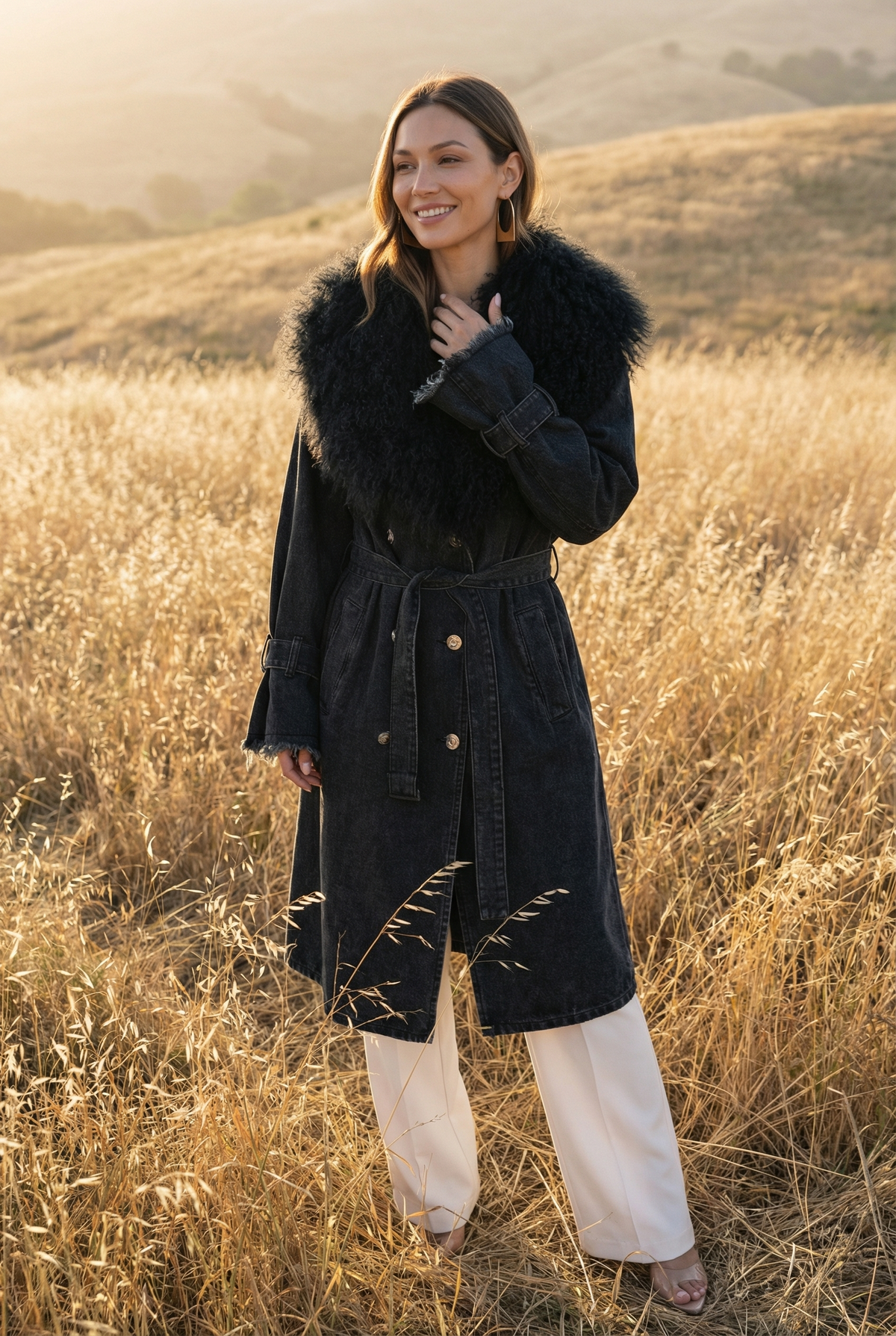 Apocalypse Denim and  Mongolian Wool Coat in Black