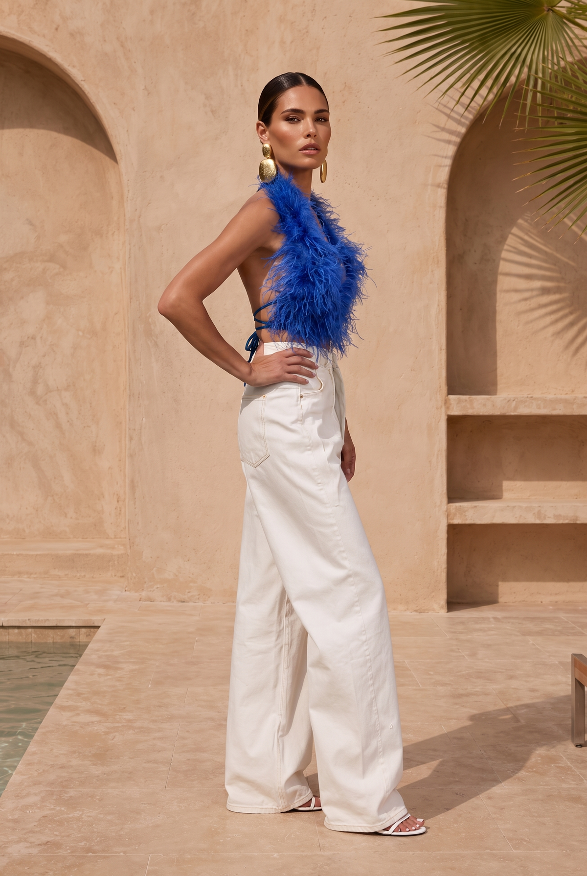 Attention is Yours Ostrich Feather Halter Top in Blue