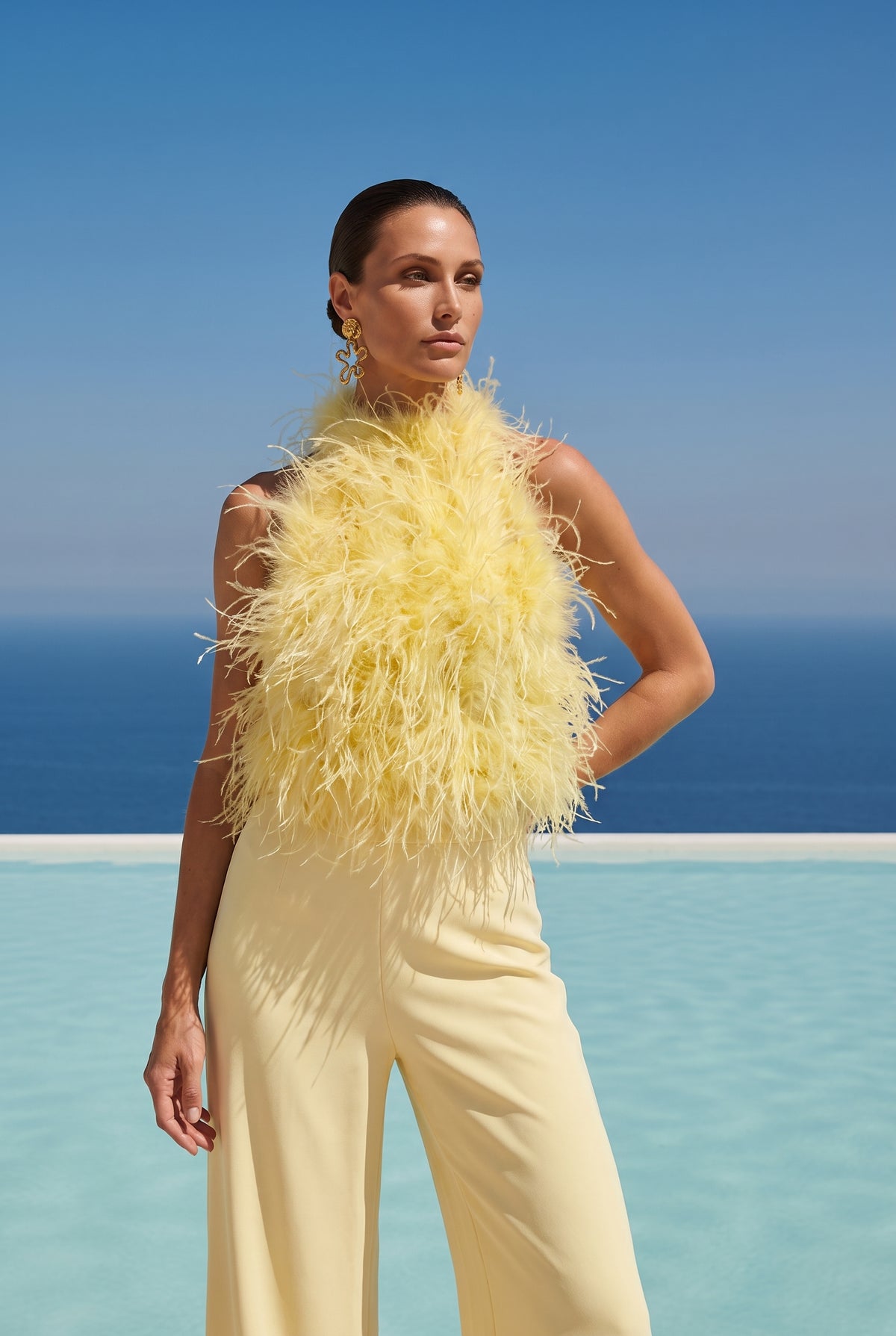 Big Dreams Ostrich Feather Halter Top in Yellow