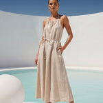 The Escape Linen Midi Dress in Beige