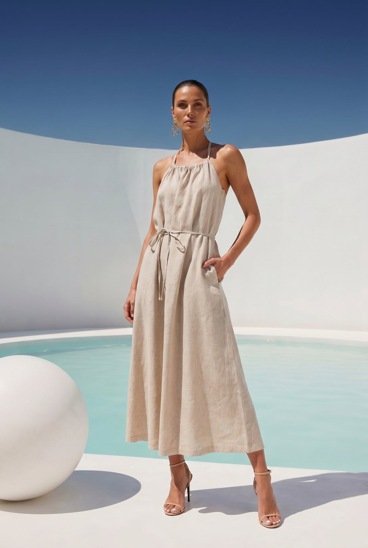 The Escape Linen Midi Dress in Beige