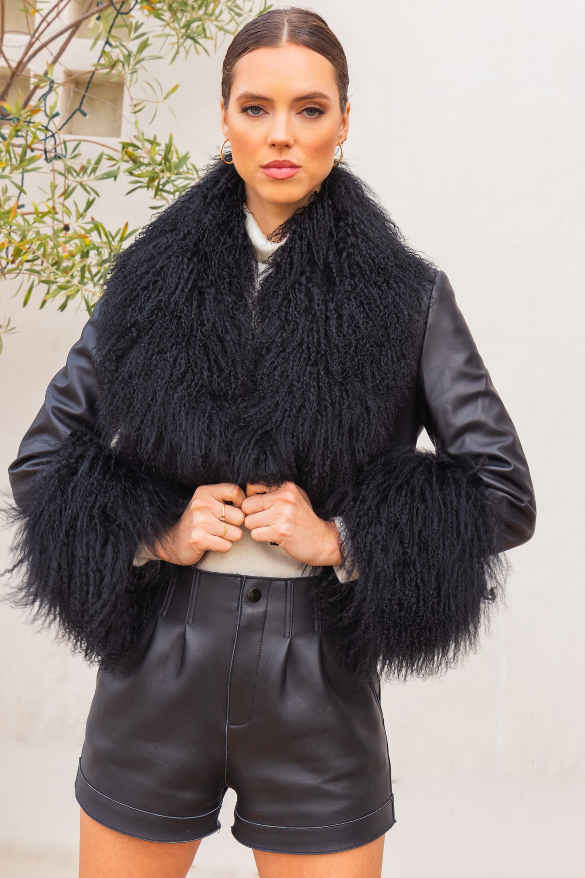 Awaken Leather and  Mongolian Wool Cropped Jacket in Black