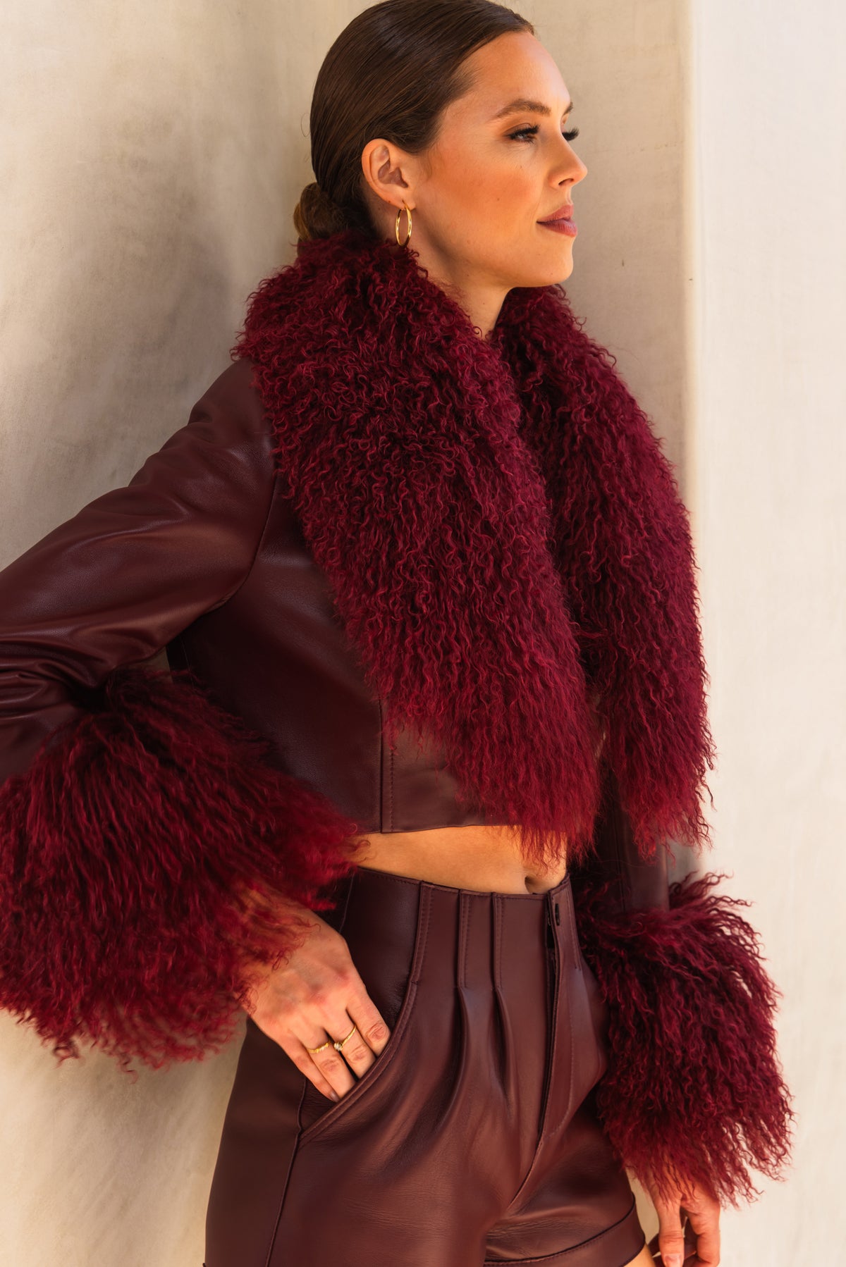 Awaken Leather and  Mongolian Wool Cropped Jacket in Burgundy