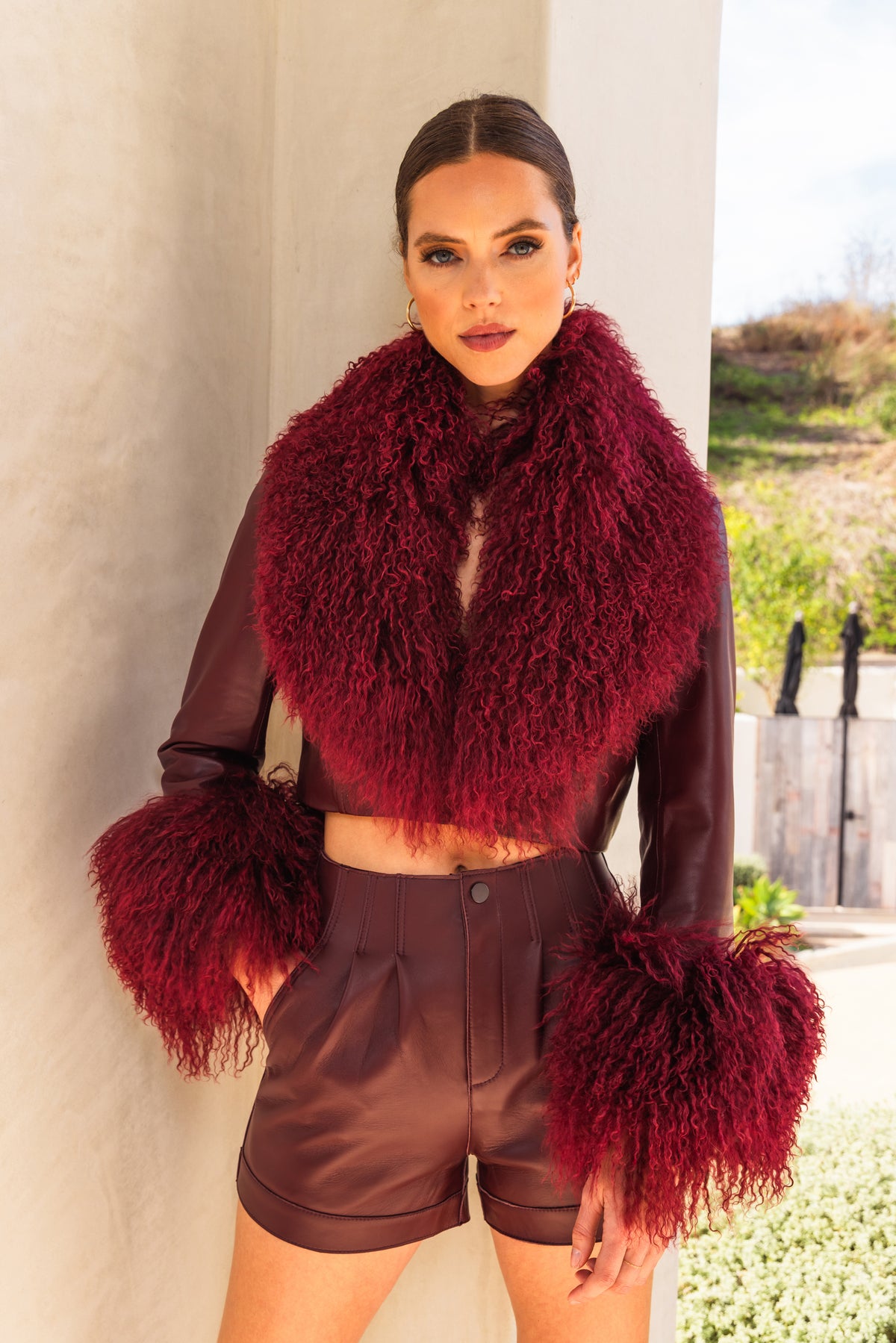 Awaken Leather and  Mongolian Wool Cropped Jacket in Burgundy