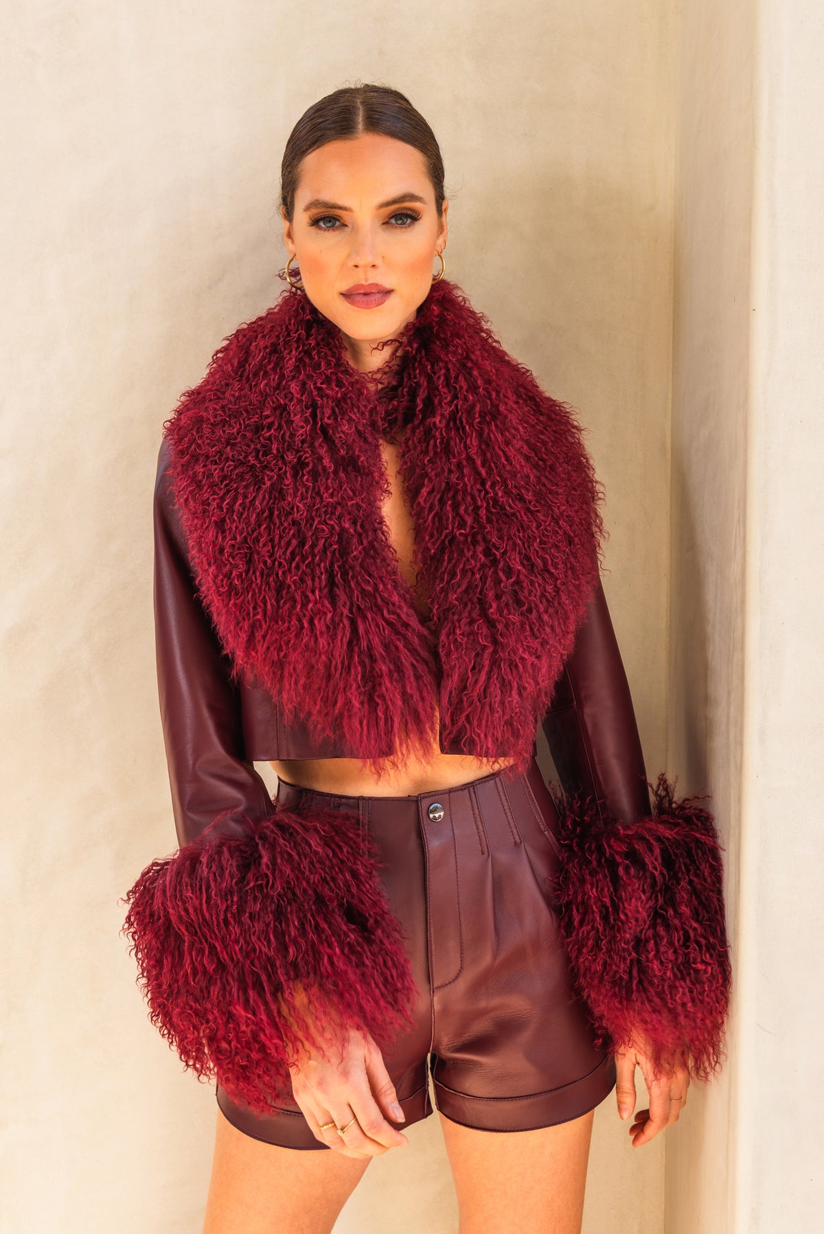 Awaken Leather and  Mongolian Wool Cropped Jacket in Burgundy