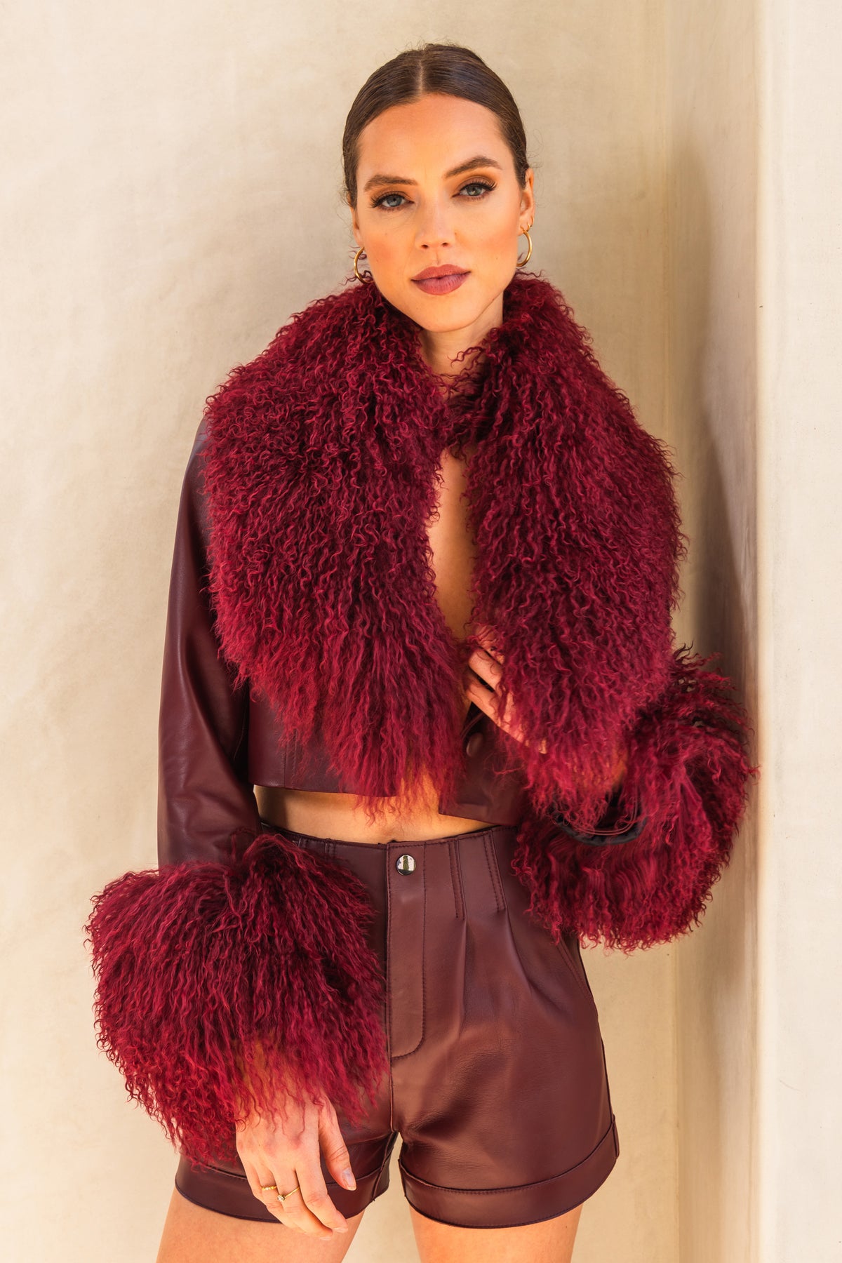 Awaken Leather and  Mongolian Wool Cropped Jacket in Burgundy