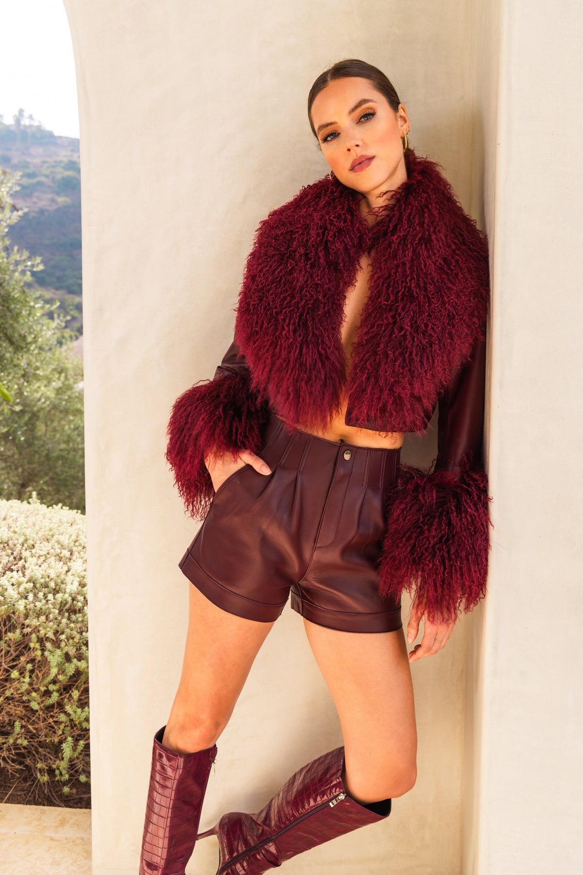 Awaken Leather and  Mongolian Wool Cropped Jacket in Burgundy