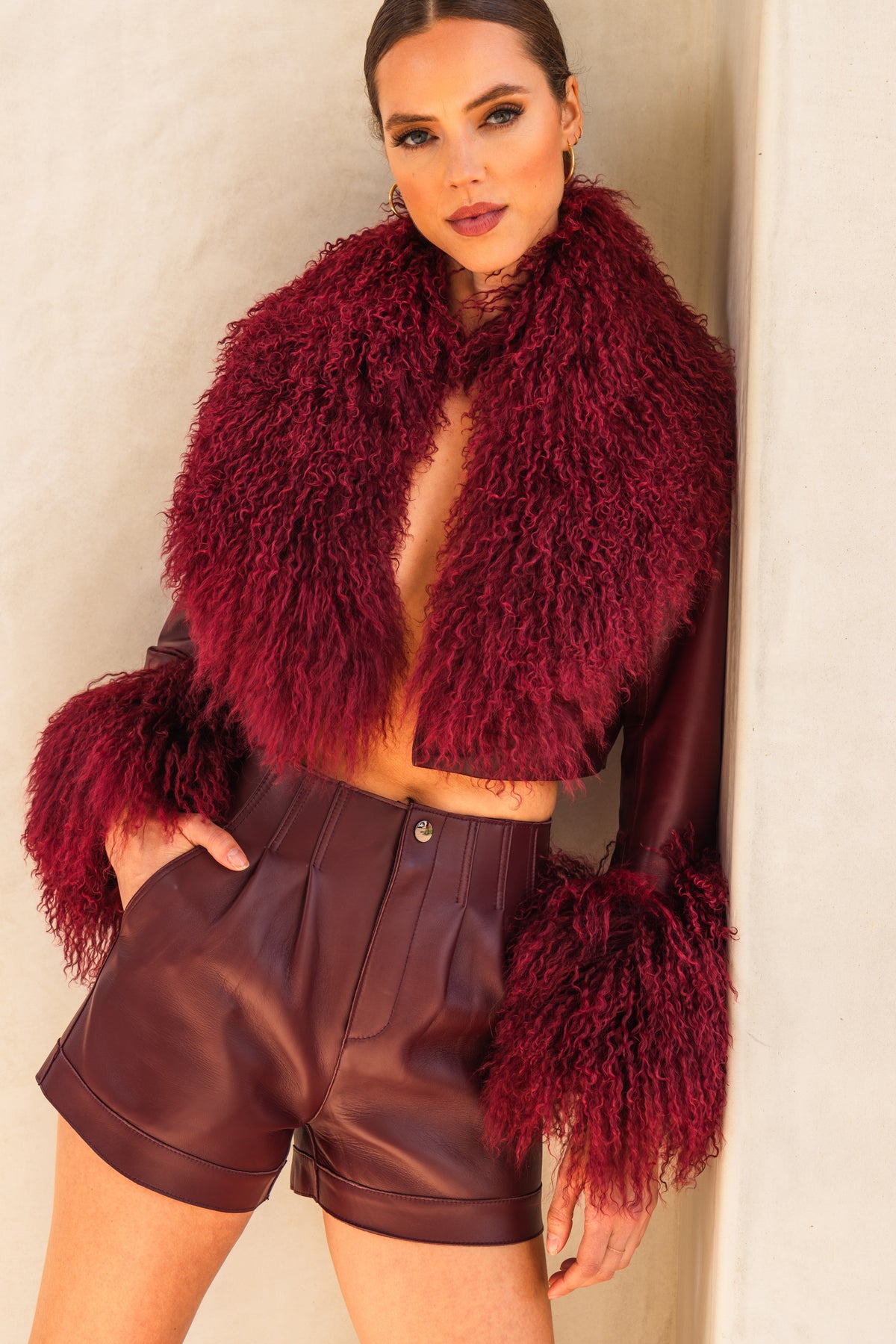 Awaken Leather and  Mongolian Wool Cropped Jacket in Burgundy