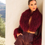 Awaken Leather and  Mongolian Wool Cropped Jacket in Burgundy