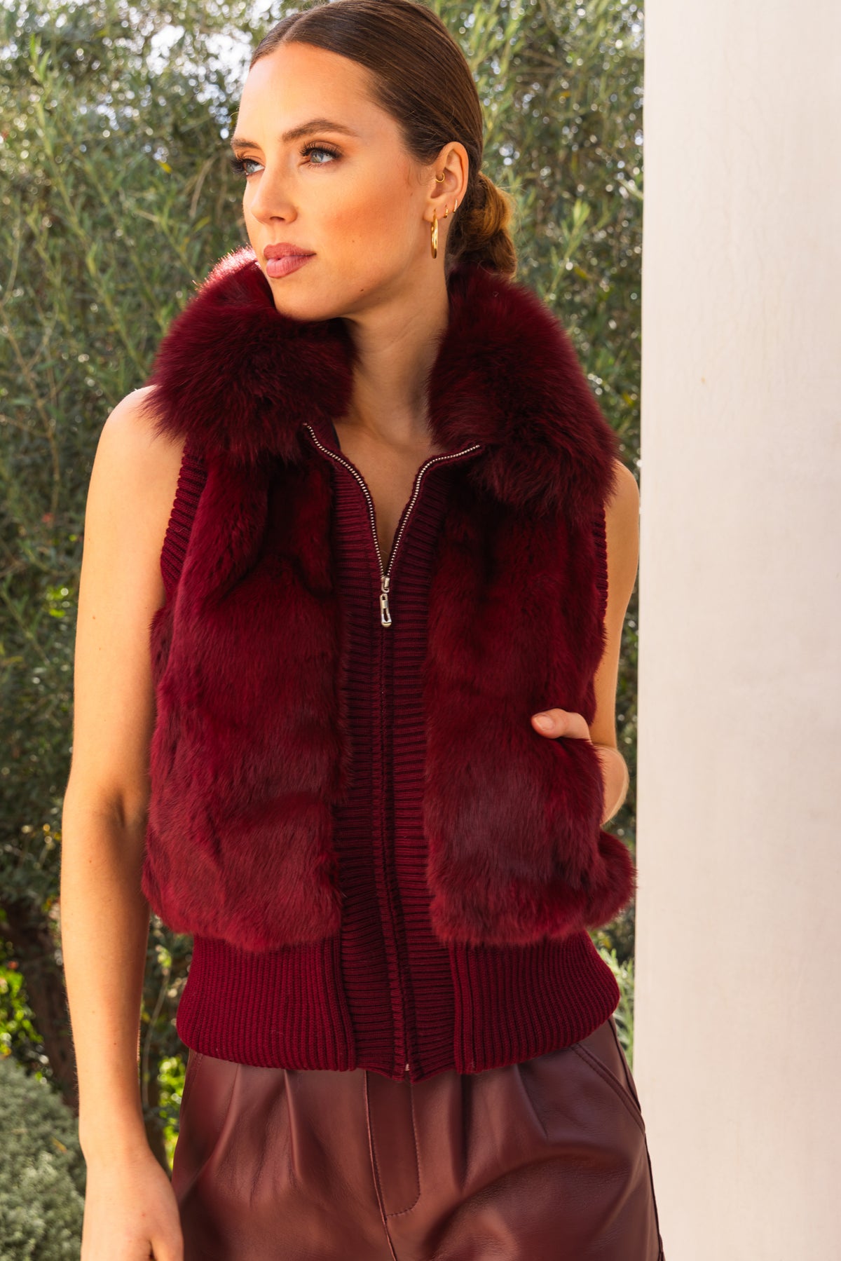 The Atrium Fur Vest in Burgundy