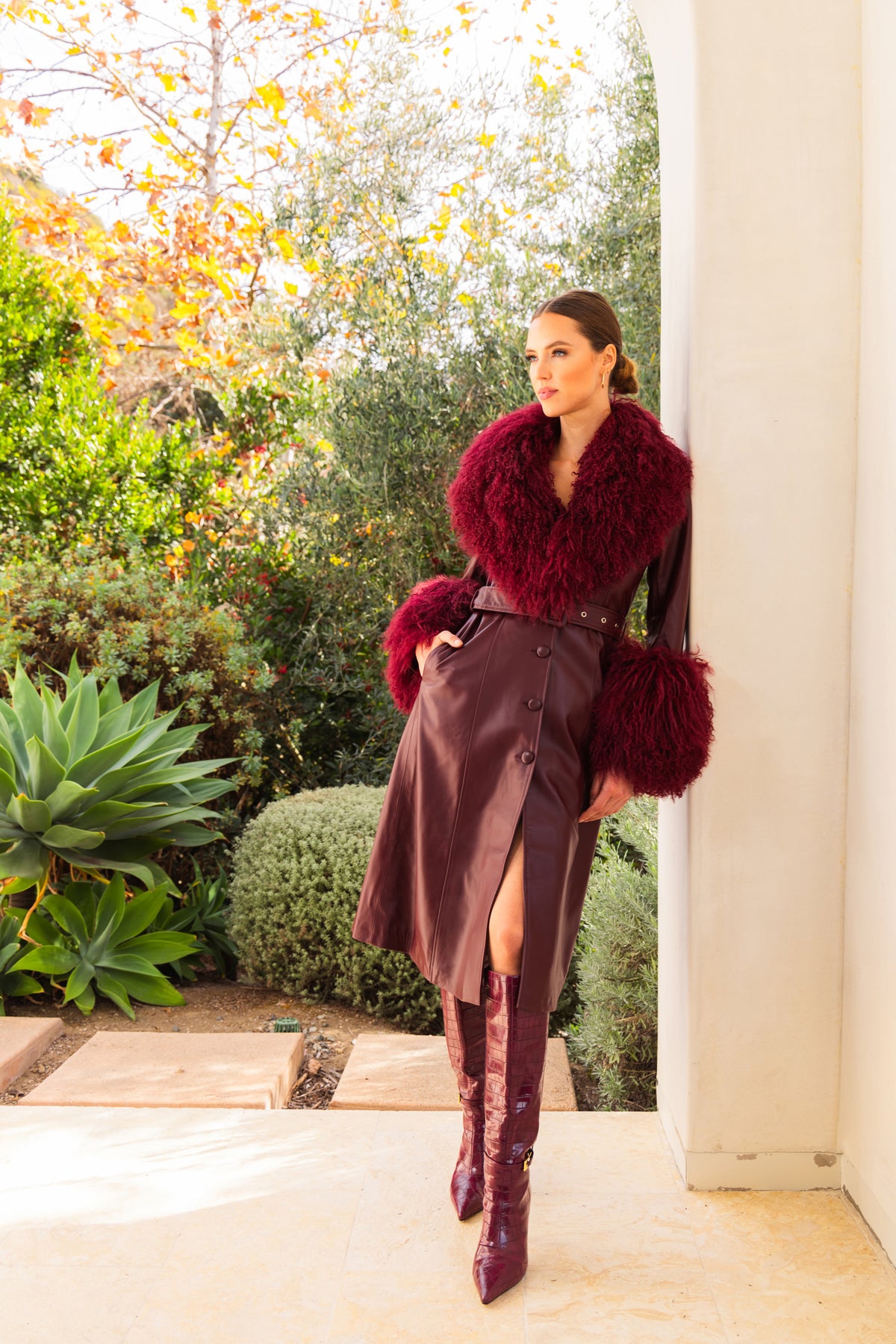 Blade Leather and  Mongolian Wool Coat in Burgundy