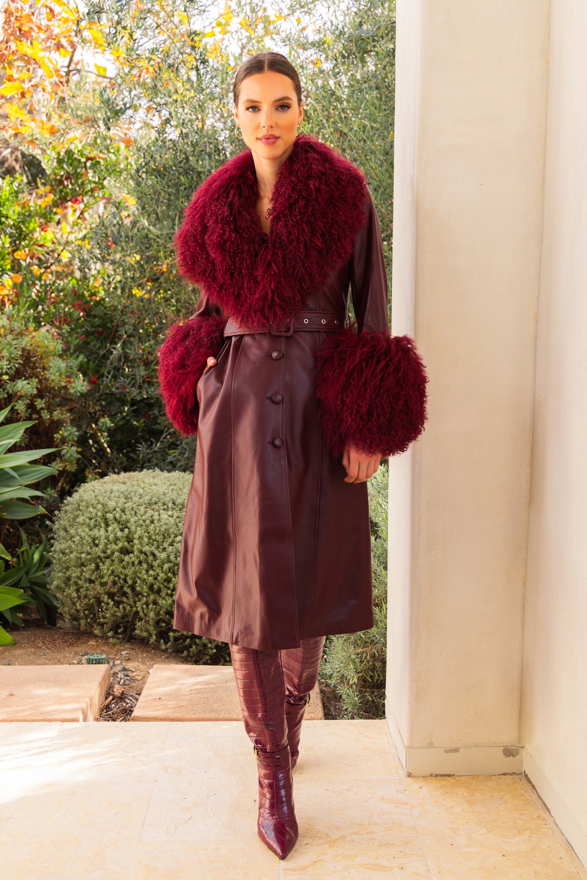 Blade Leather and  Mongolian Wool Coat in Burgundy