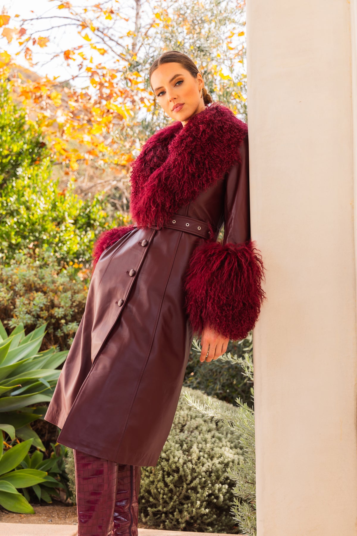 Blade Leather and  Mongolian Wool Coat in Burgundy