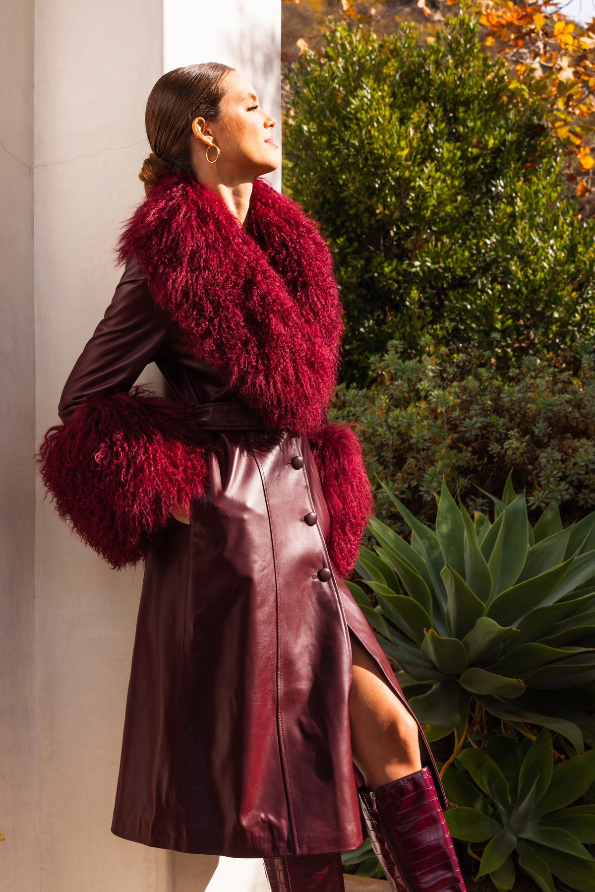 Blade Leather and  Mongolian Wool Coat in Burgundy