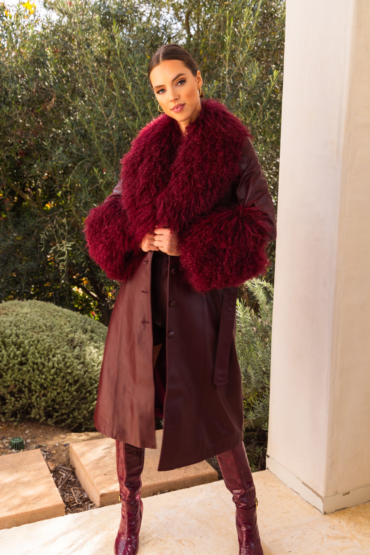 Blade Leather and  Mongolian Wool Coat in Burgundy