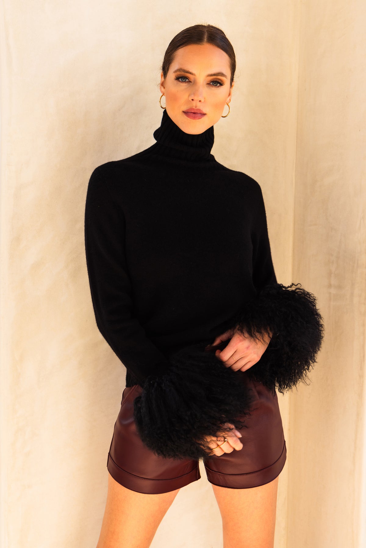 Hibernate Removable Mongolian Wool Cuff Turtleneck Sweater in Black