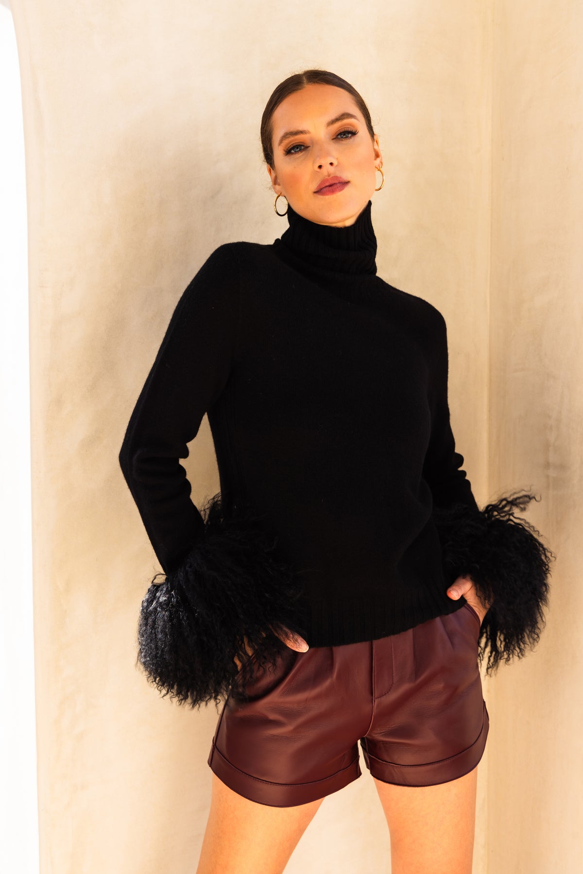 Hibernate Removable Mongolian Wool Cuff Turtleneck Sweater in Black