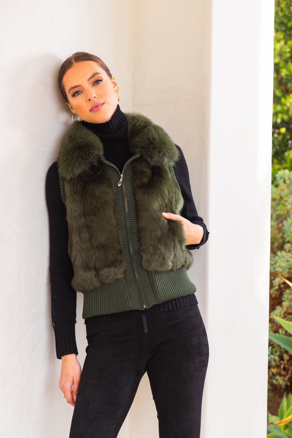 The Atrium Fur Vest in Forest Green