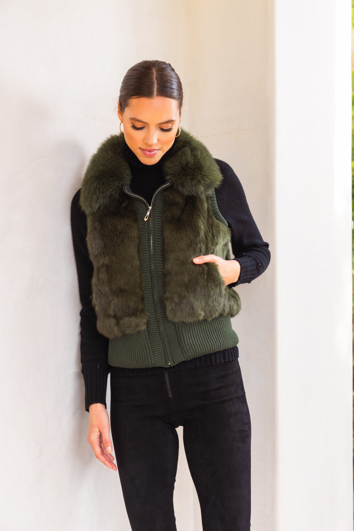 The Atrium Fur Vest in Forest Green