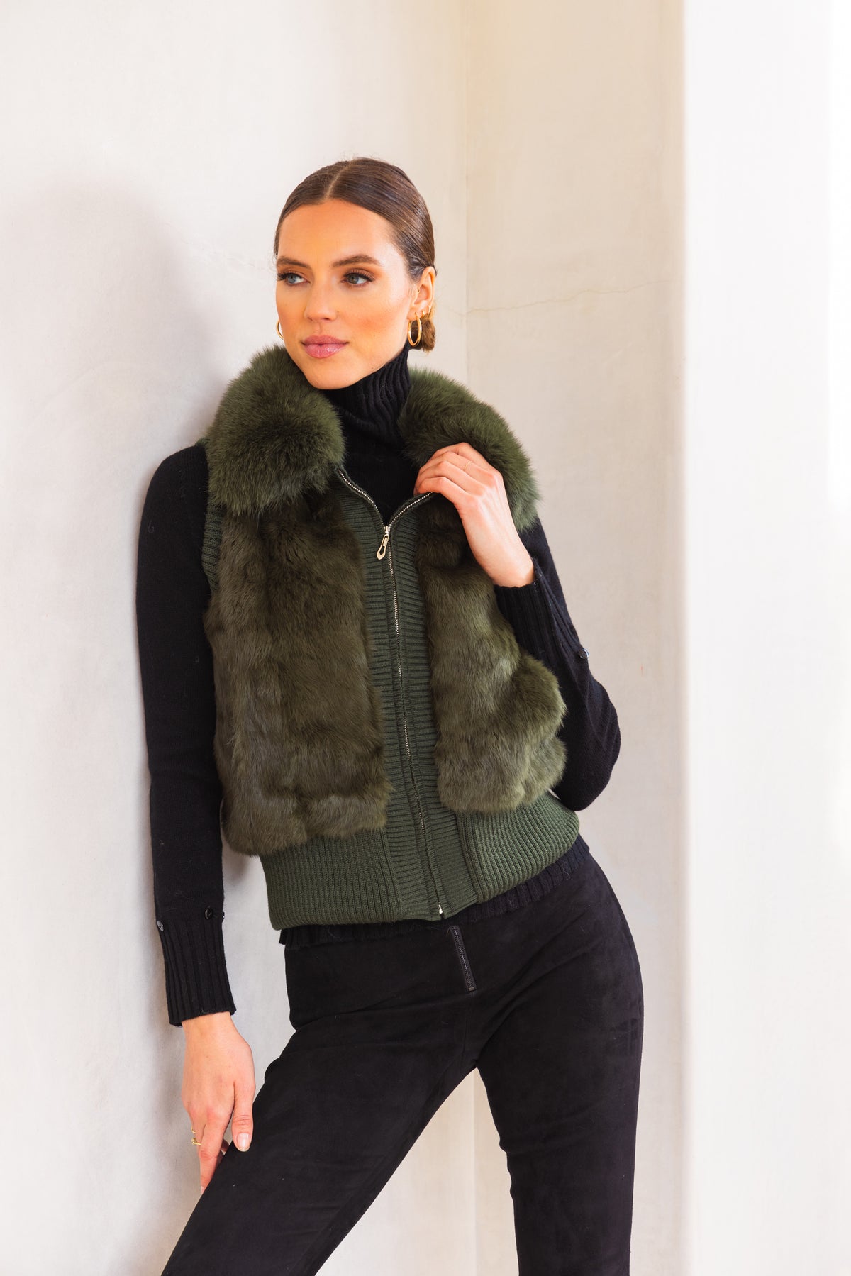 The Atrium Fur Vest in Forest Green