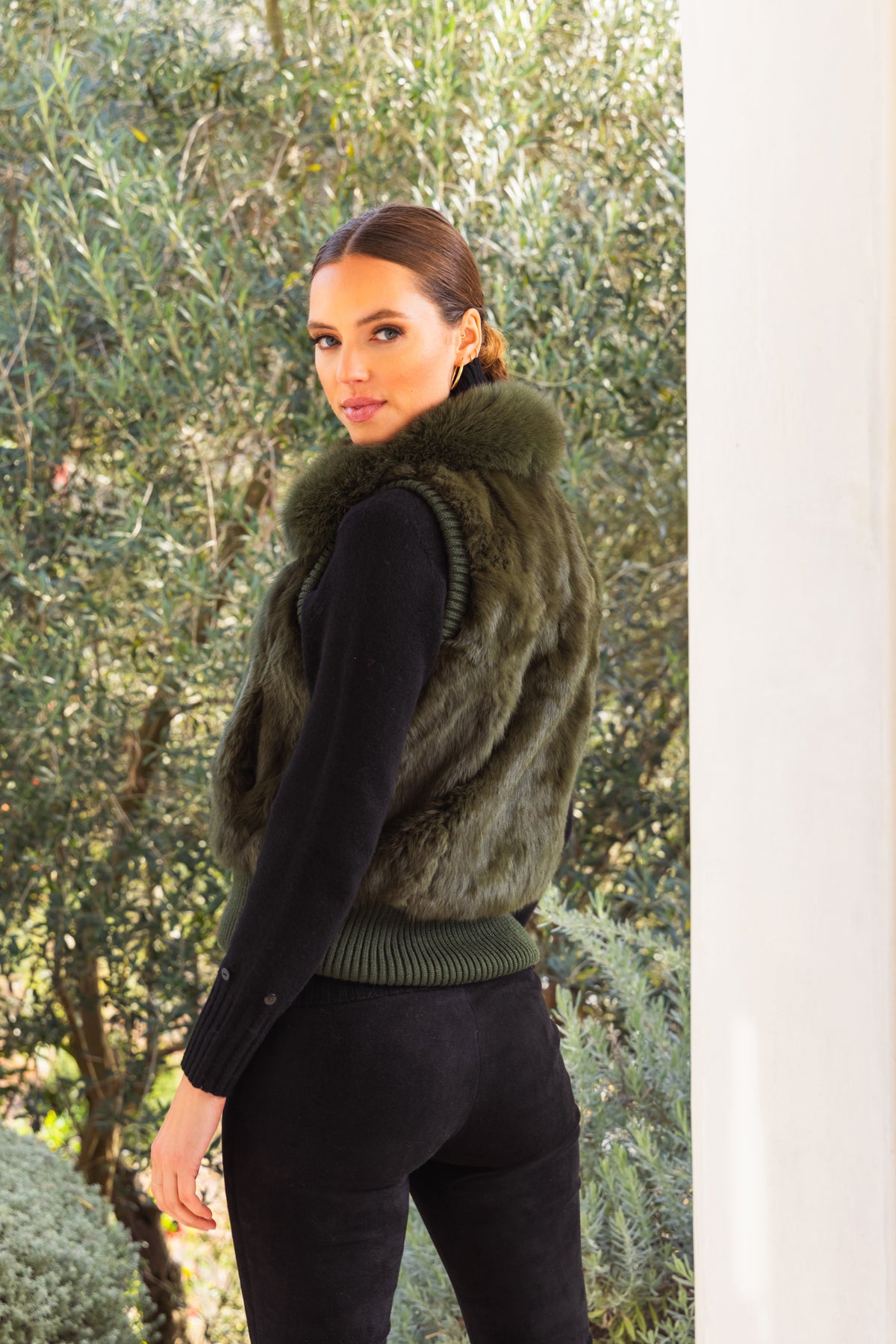 The Atrium Fur Vest in Forest Green