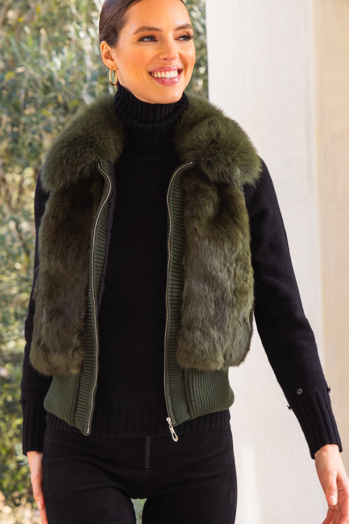 The Atrium Fur Vest in Forest Green