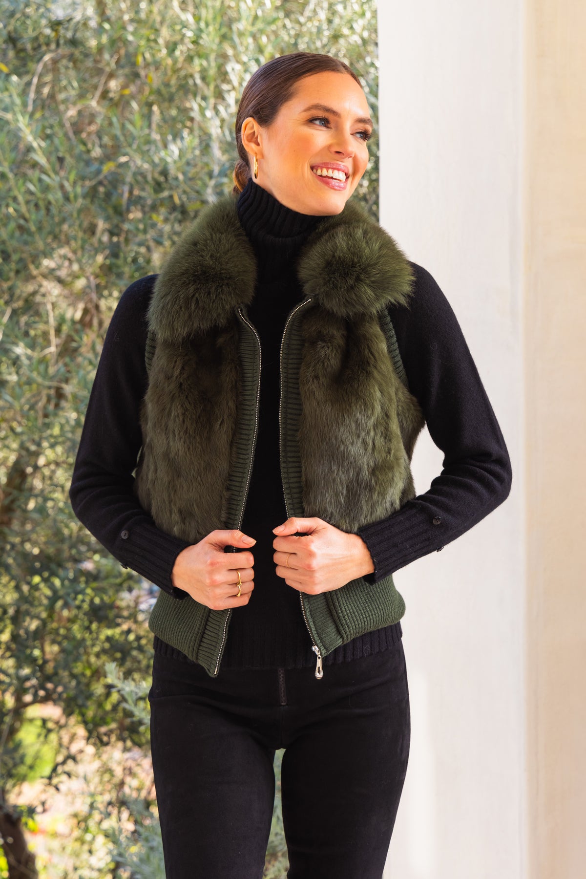 The Atrium Fur Vest in Forest Green