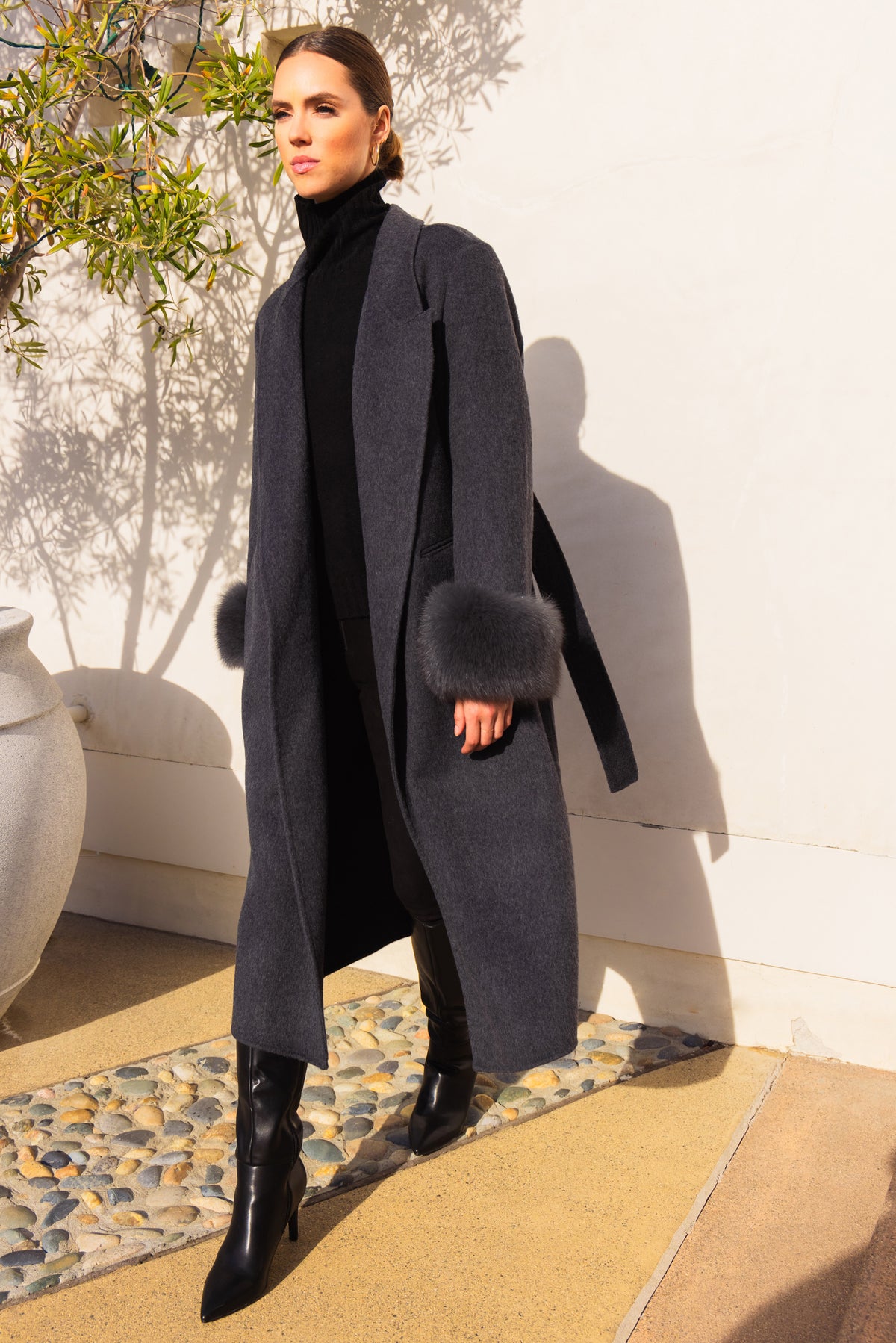 Hidden Illusion Wool Coat with Fur Cuffs in Grey