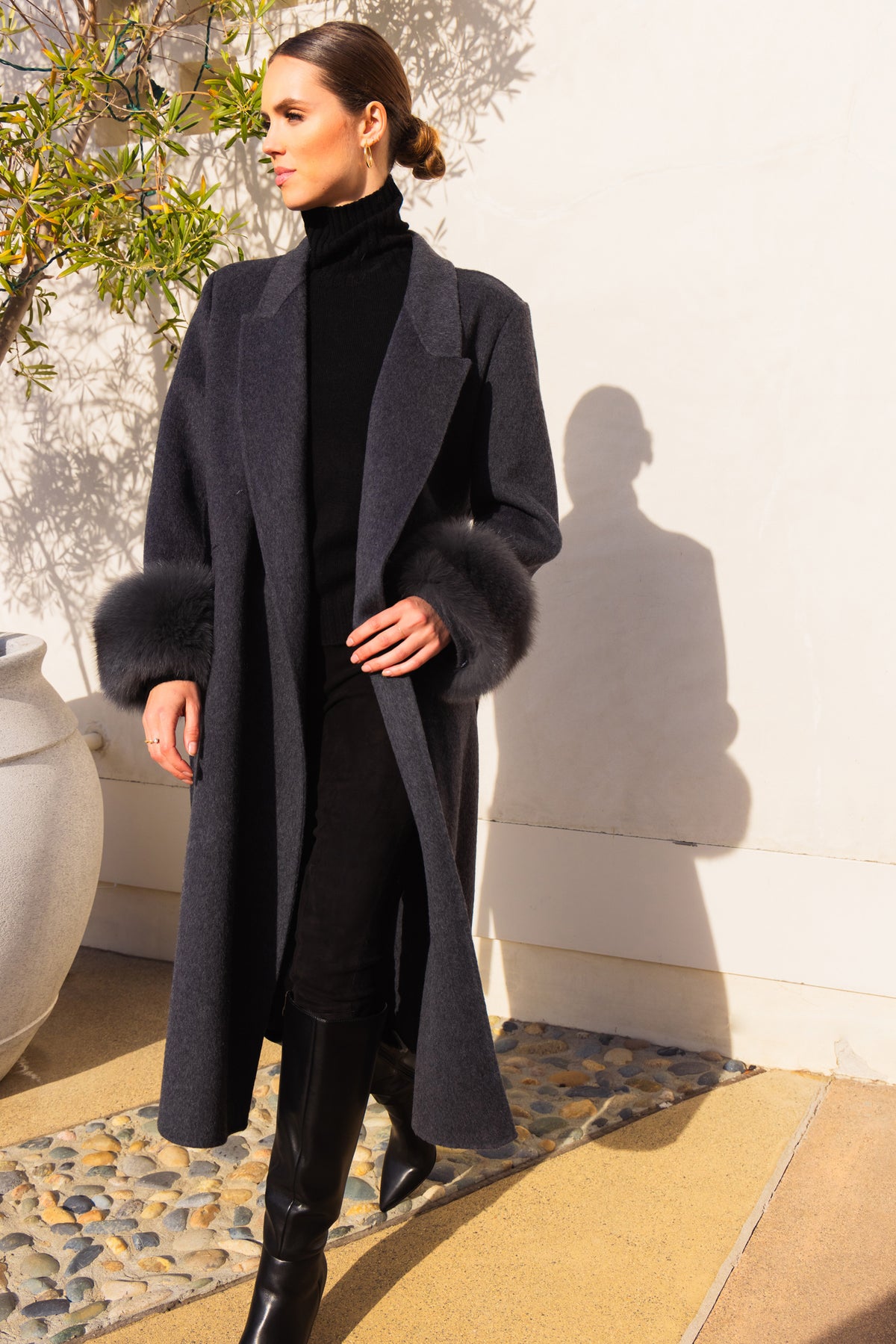 Hidden Illusion Wool Coat with Fur Cuffs in Grey